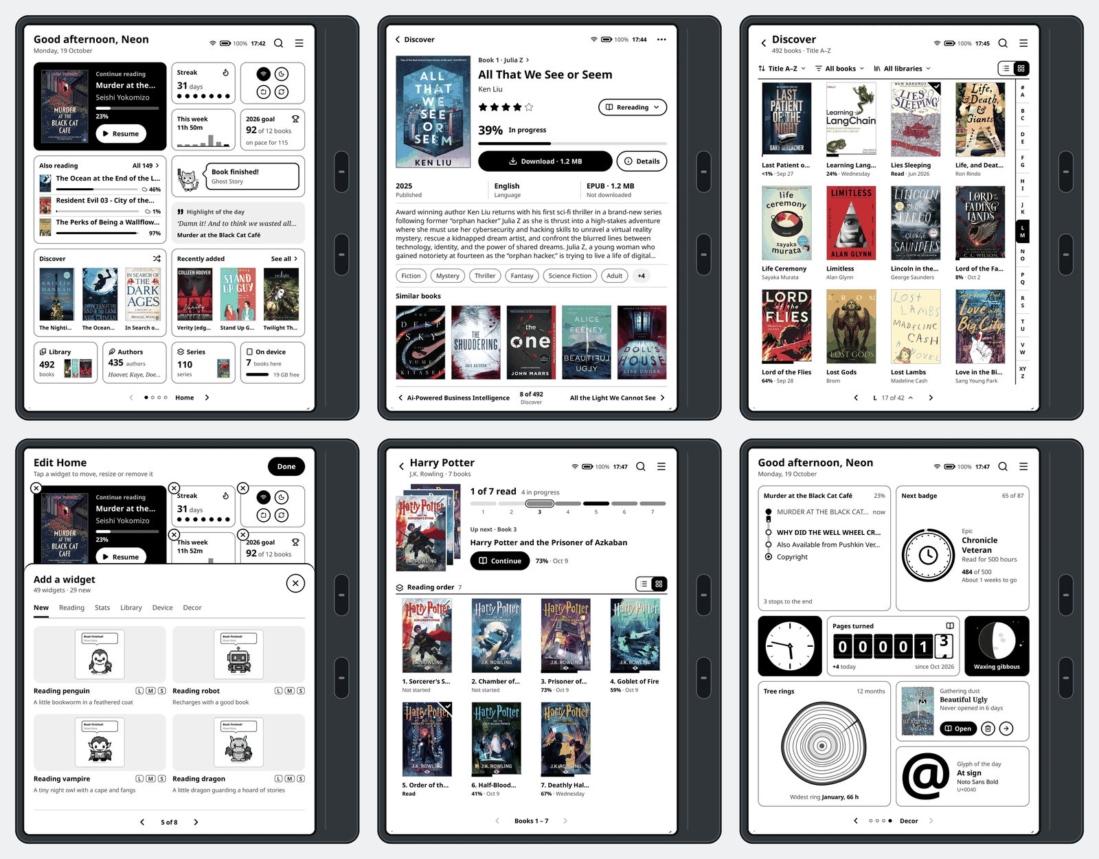 KOReader on an ereader, browsing a BookOrbit catalog and opening a book