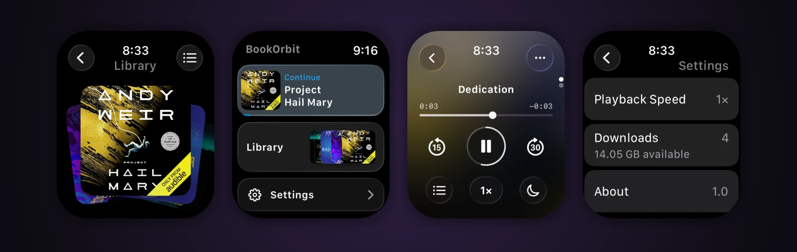 An Apple Watch carrying the same BookOrbit audiobook the phone was playing