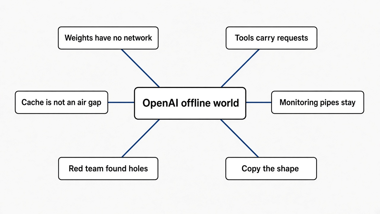 Mind map of OpenAI's offline world: weights cannot go online, agent tools can, cache vs live internet vs air gap, monitoring pipes, red team findings, copy the shape