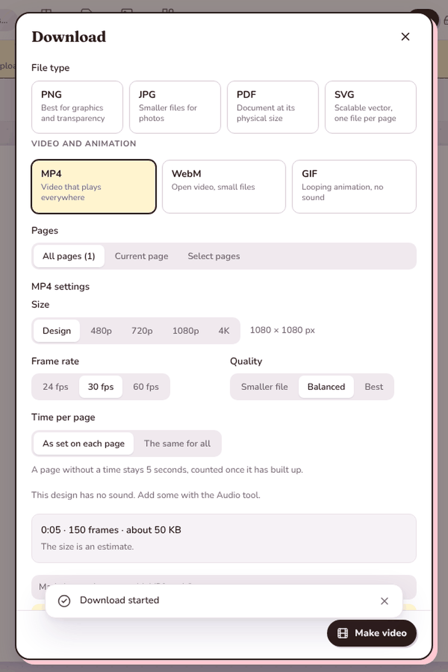 Doory download dialog with PNG, JPG, PDF, SVG, MP4, WebM and GIF options