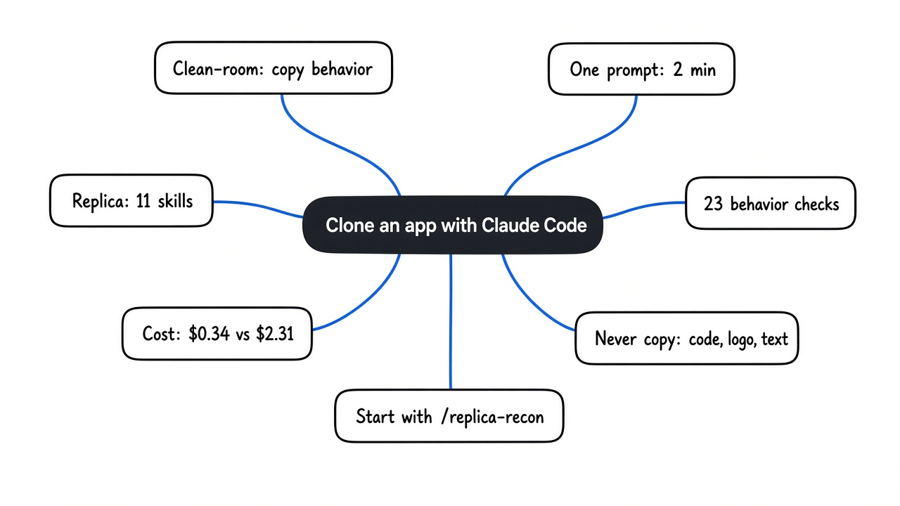 Mind map of how to clone an app with Claude Code: clean-room rules, one prompt, Replica skills, 23 behavior checks, time and cost, what you cannot clone