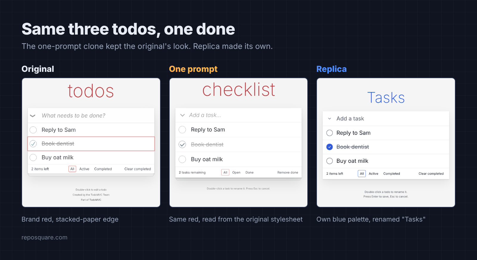 Original todo app next to the one-prompt clone in the same red and the Replica clone in blue