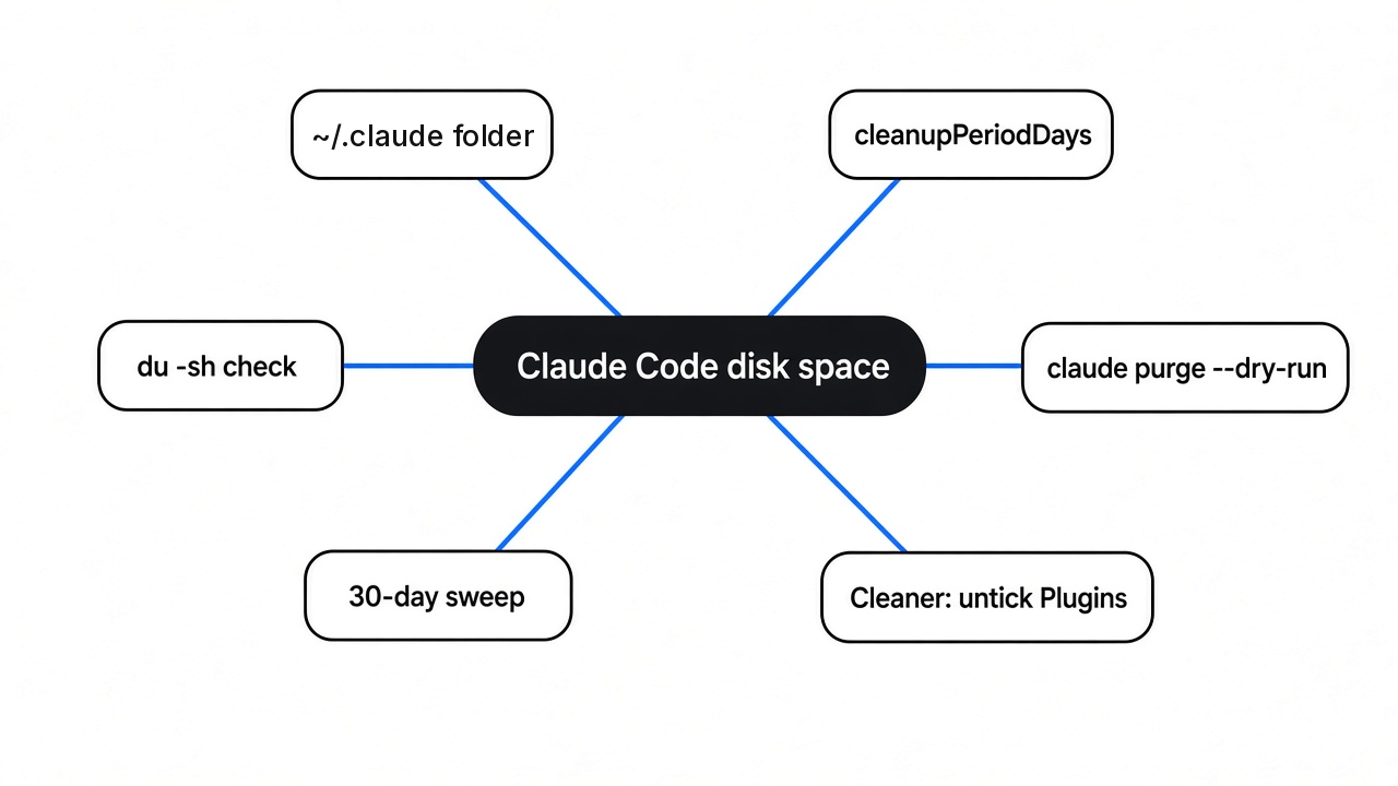 Simple mind map to clean up Claude Code disk space: ~/.claude folder, du check, cleanupPeriodDays sweep, claude purge, cleaner app risks, what you lose