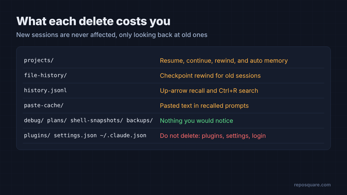 What you lose when deleting each folder in ~/.claude