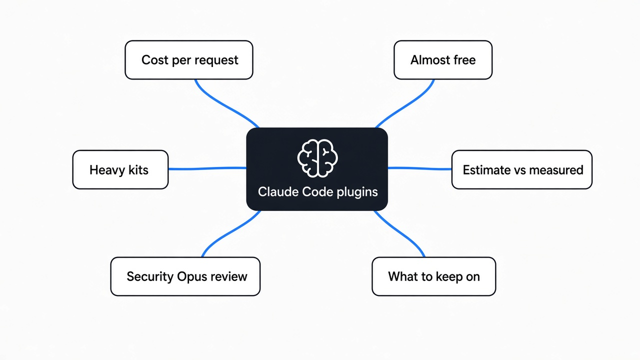 Simple mind map of the Claude Code plugins worth installing: per-request cost, near-free plugins, heavy kits, the estimate gap, the security review bill and the keep-on list