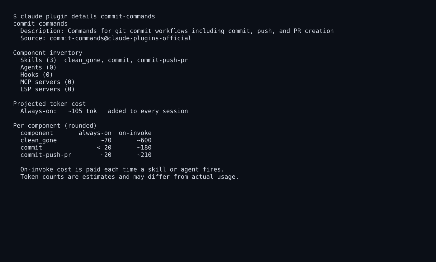 Terminal output of claude plugin details commit-commands showing the projected token cost