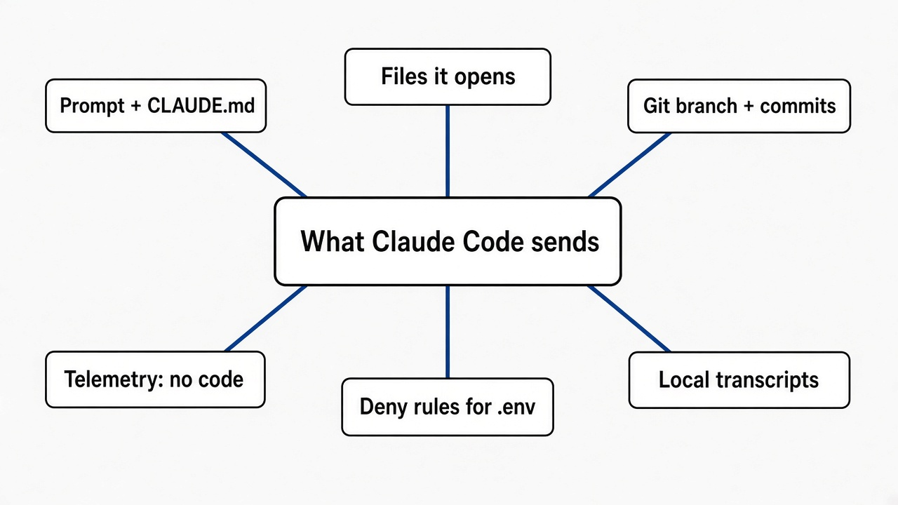 Mind map of what Claude Code sends: prompt and CLAUDE.md, opened files, git status, telemetry with no code, deny rules, local transcripts