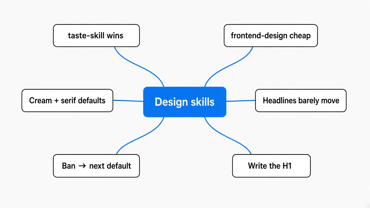 Simple mind map of Claude Code design skills: taste-skill wins, frontend-design cheap, cream serif defaults, headlines barely move, ban leads to next default, write the H1