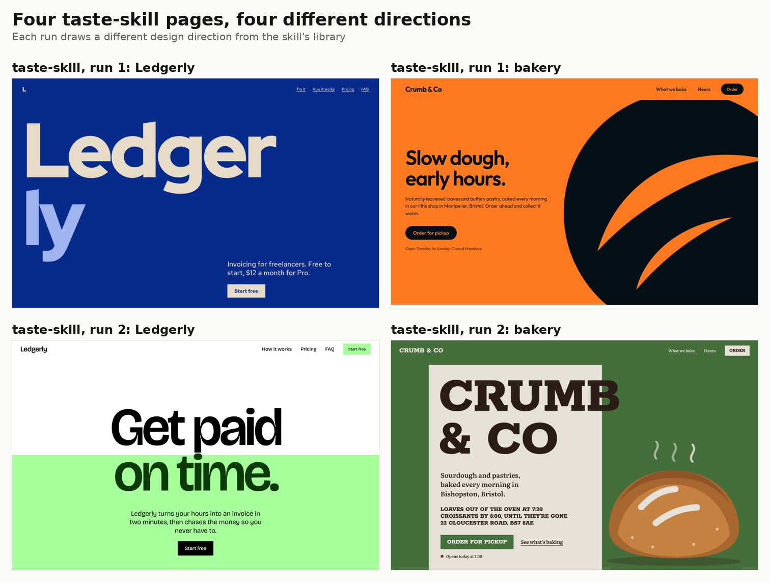 Four taste-skill pages with four different design directions