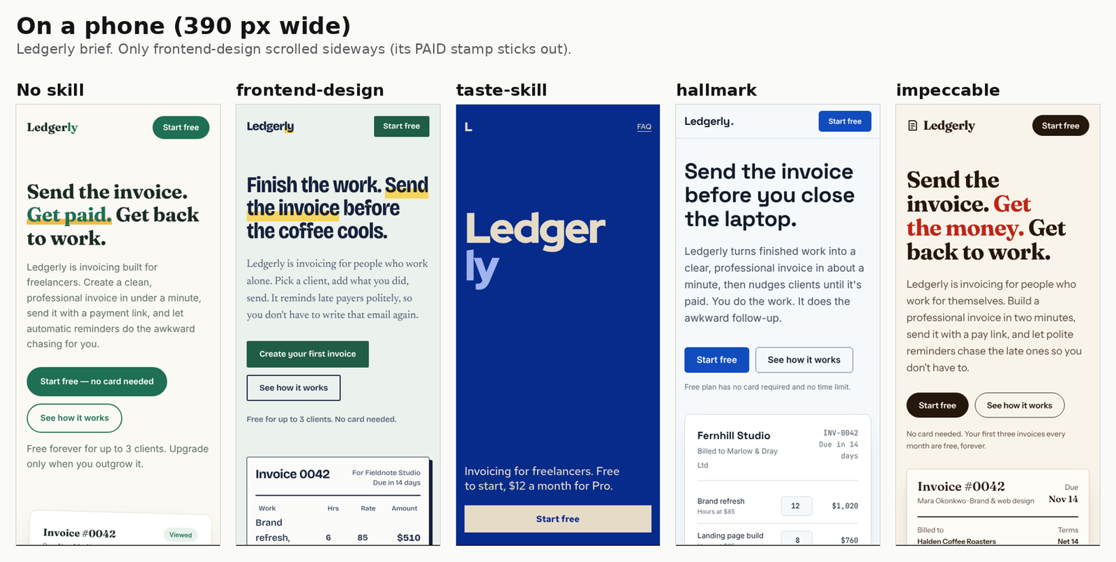 Five Claude Code landing pages at phone width