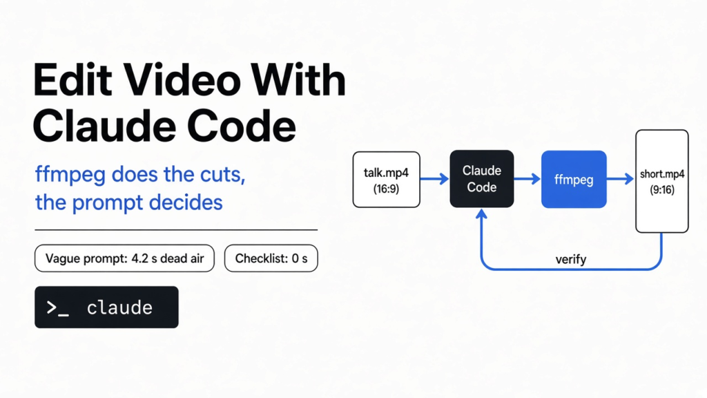 Edit video with Claude Code: the agent writes and runs ffmpeg to cut pauses, crop to vertical, burn in captions and fix loudness