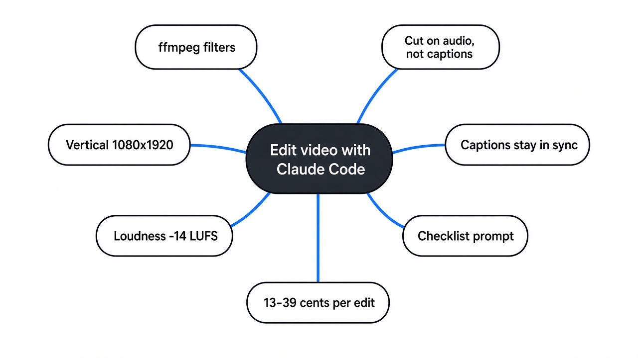 Mind map of editing video with Claude Code: ffmpeg filters, cut on audio not captions, vertical crop, captions, loudness, checklist prompt, cost