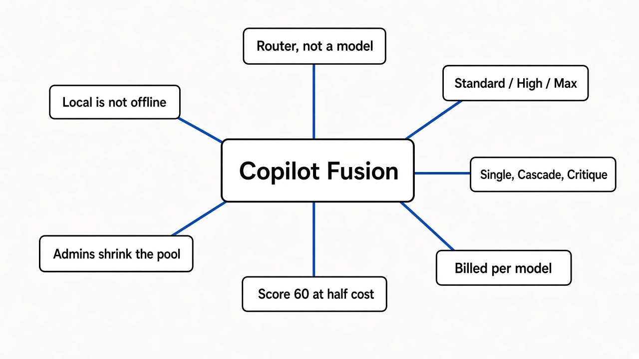 Mind map of GitHub Copilot Fusion: a router not a model, Standard High and Max effort, Single Cascade and Critique, billed per model, score 60 at half cost, admins shrink the pool, local is not offline