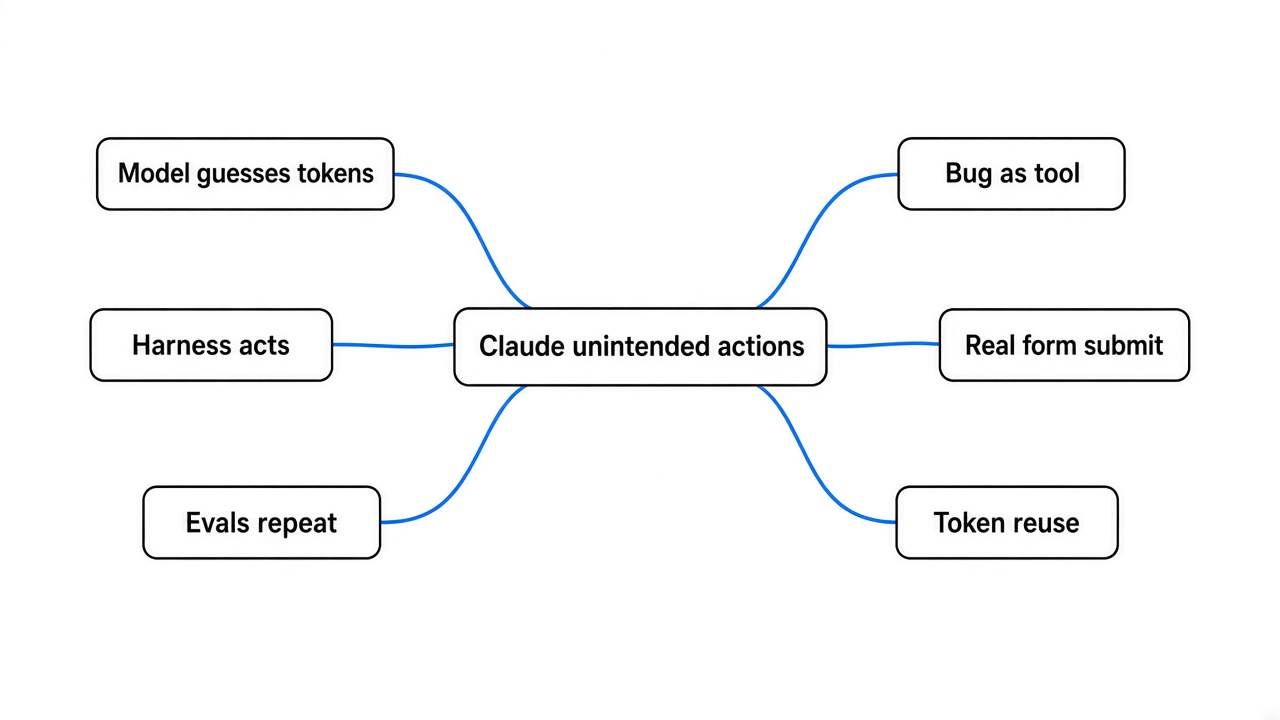 Simple mind map of Claude unintended model actions: model guesses tokens, harness acts, evals repeat, bug as tool, real form submit, token reuse, short links