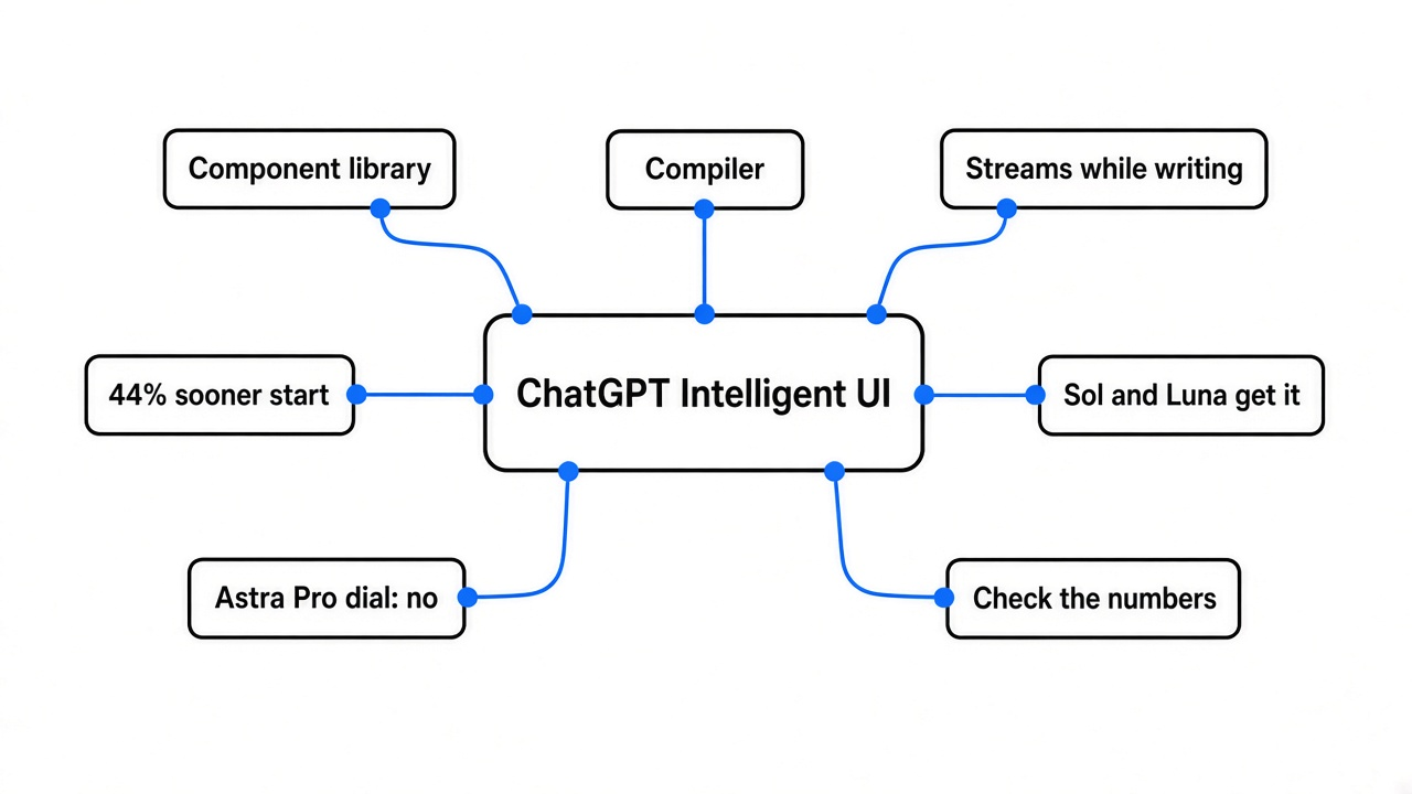 Simple mind map of ChatGPT Intelligent UI: component library, compiler, streams while writing, 44 percent sooner start, Sol and Luna get it, Astra Pro dial does not, check the numbers