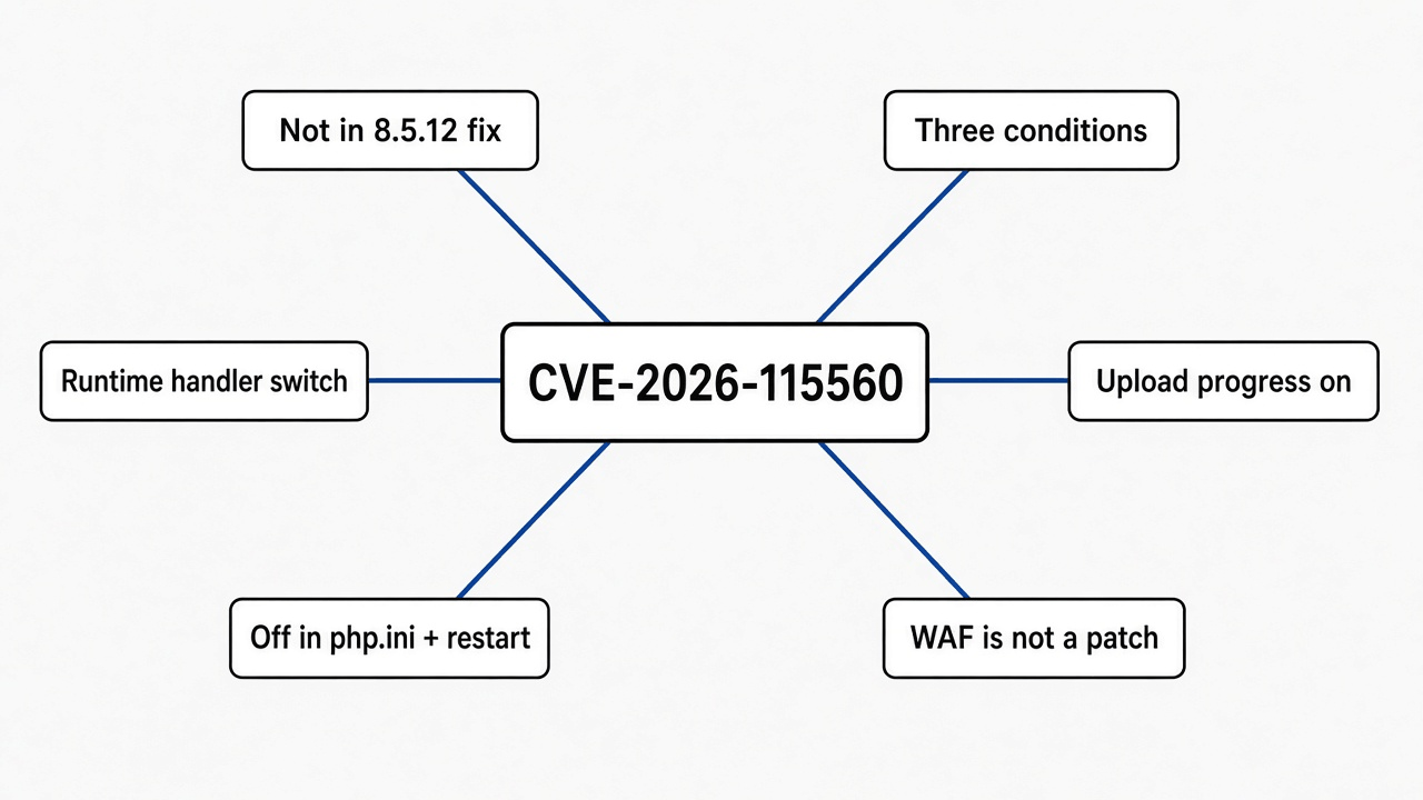Mind map of CVE-2026-115560: not fixed in 8.5.12, three conditions, serialize handler switched at runtime, upload progress on, set it off in php.ini, Cloudflare rule limits