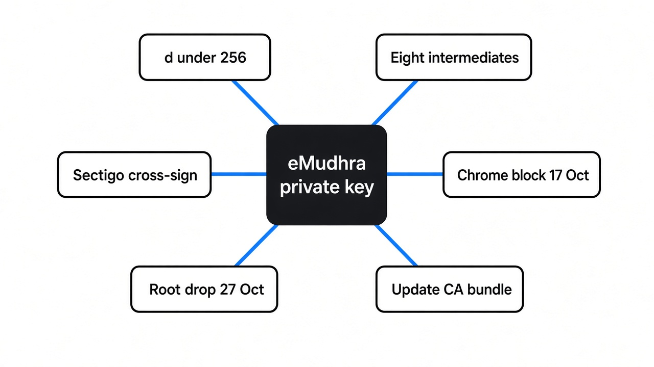 Mind map of the eMudhra private key incident: d under 256, eight intermediates, Sectigo cross-sign, Chrome CRLSet then root drop, openssl chain check