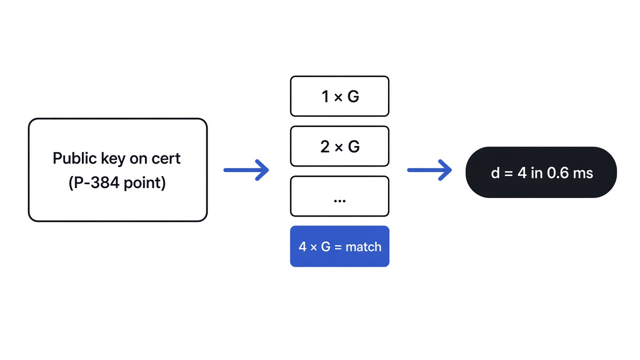 Why an eMudhra private key of d equals 4 is guessable: try 1 through 255 times the P-384 base point until the public key matches