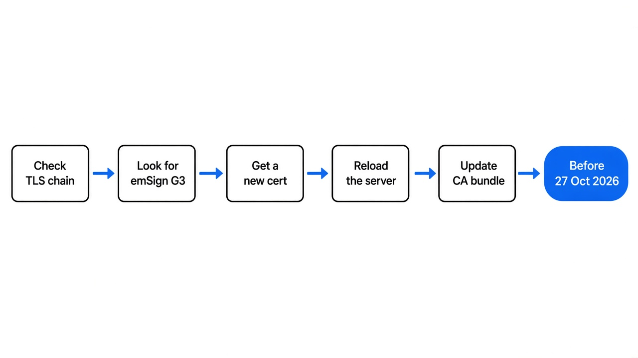 What to check before 27 October 2026: openssl chain for emSign ECC Root CA - G3, replace the certificate, update certifi and CA bundles