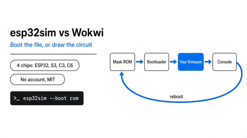 esp32sim vs Wokwi: esp32sim boots a built ESP32 firmware file through the real ROM and bootloader with no account, while Wokwi starts from a drawn circuit and a sketch