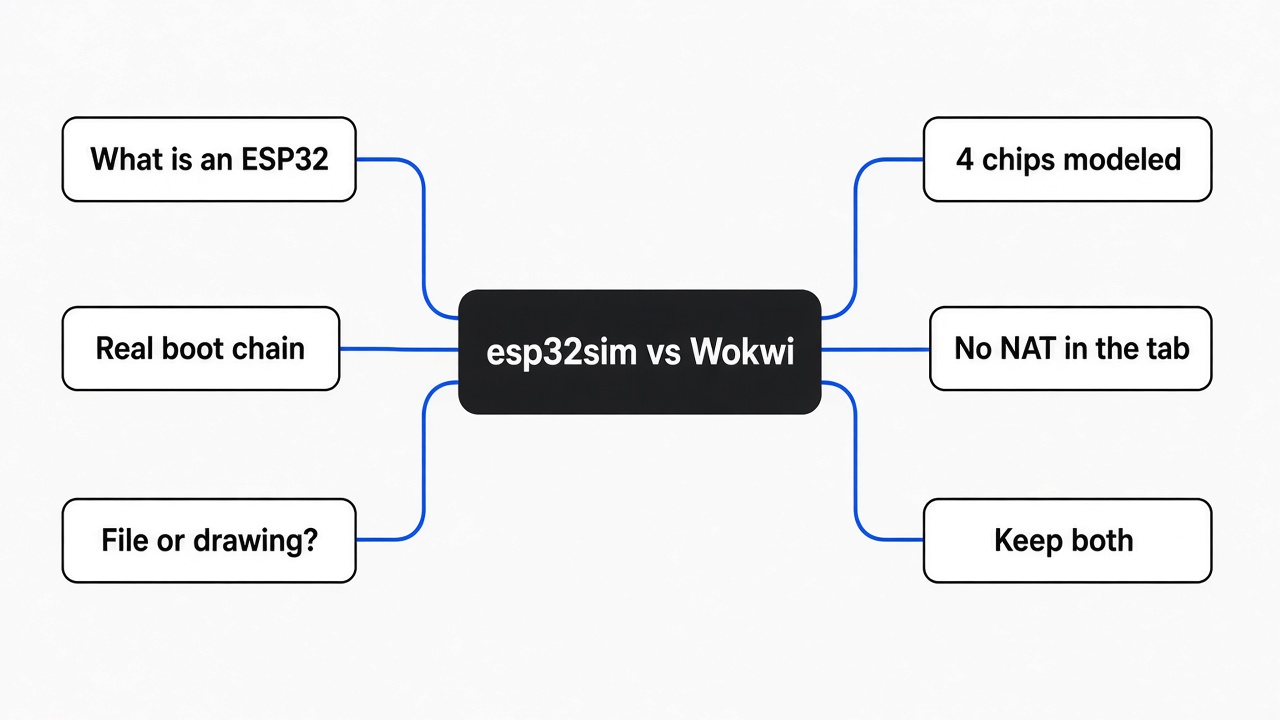 Simple mind map of esp32sim vs Wokwi: what an ESP32 is, the real boot chain, file or drawing, four modeled chips, no NAT in the browser tab, when to keep Wokwi