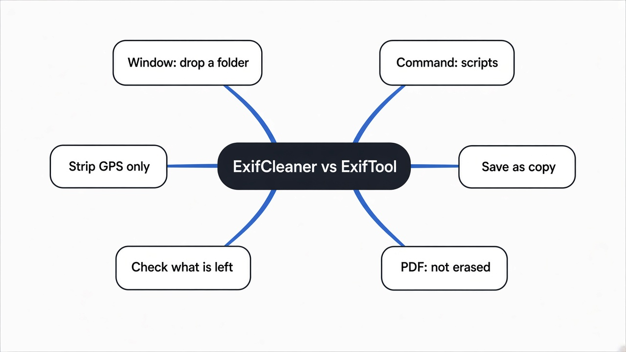 Mind map of ExifCleaner vs ExifTool: window for folders, command for scripts, exiftool -gps:all= for the pin, save as copy, check the tags, PDFs not erased, leave RAW notes
