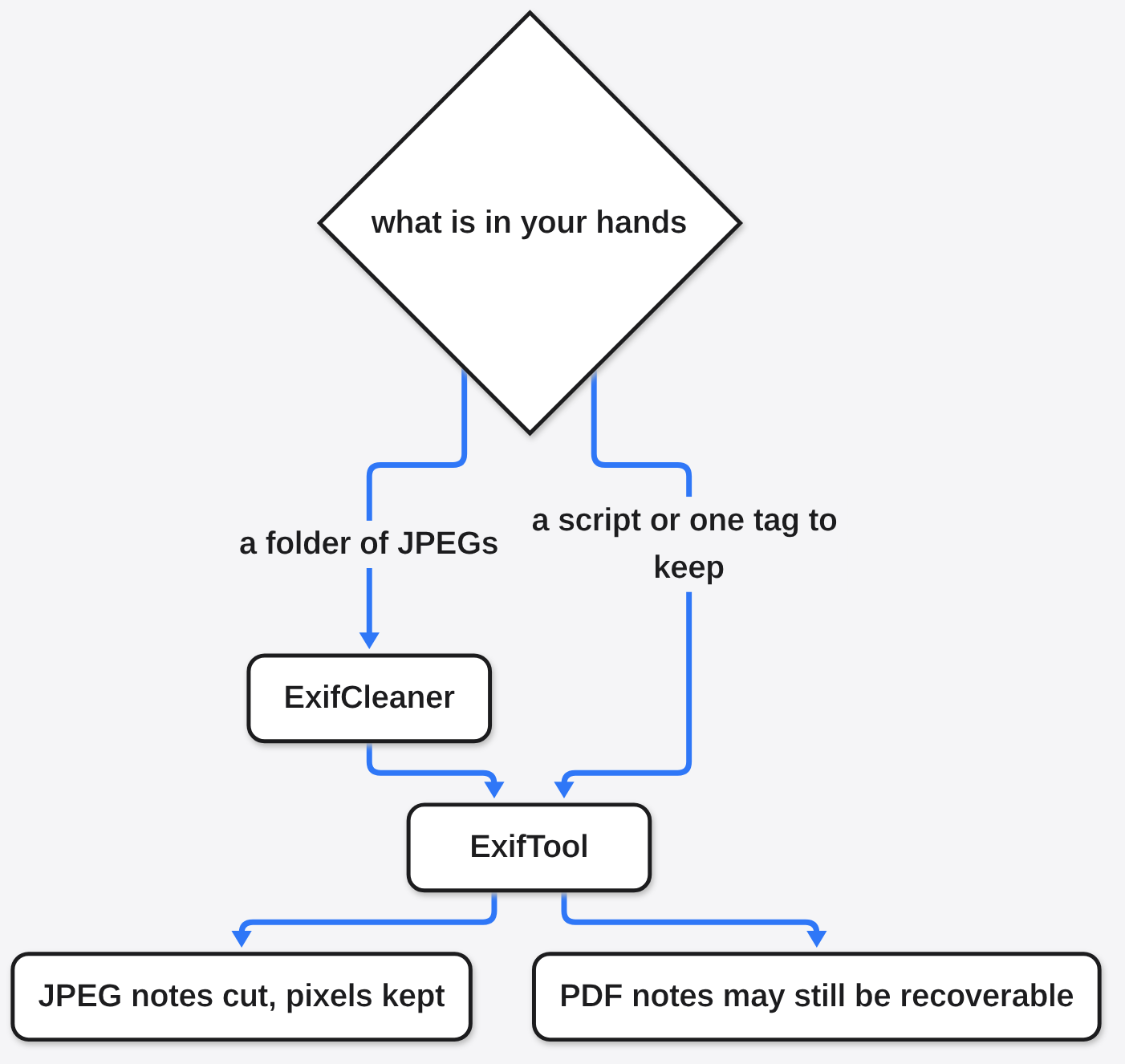 ExifCleaner or ExifTool: a folder of JPEGs goes to the window, a script or one tag to keep goes to the command