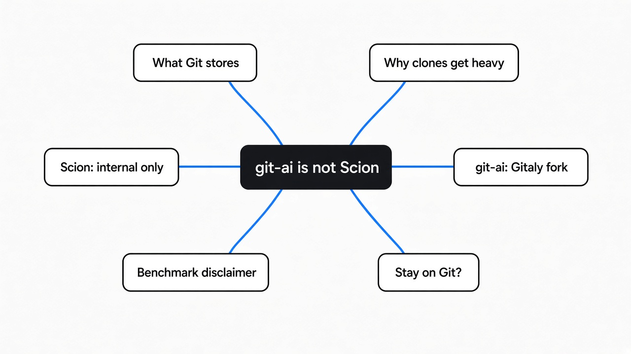 Simple mind map of why git-ai is not Scion: what Git stores, why full clones get heavy, what Scion is, what git-ai is, the benchmark caveat, and when to stay on Git