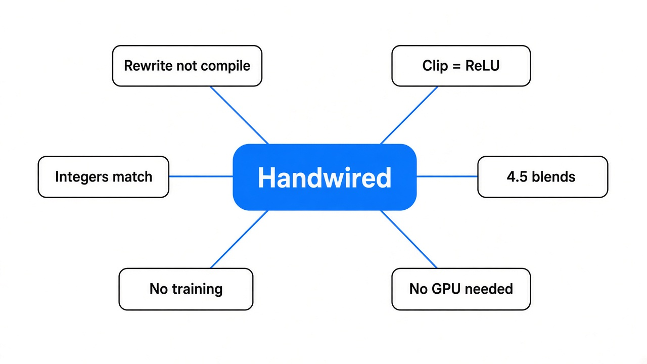 Simple mind map of Handwired: rewrite not compile, clip math, whole numbers match, 4.5 blends, no training, no GPU needed