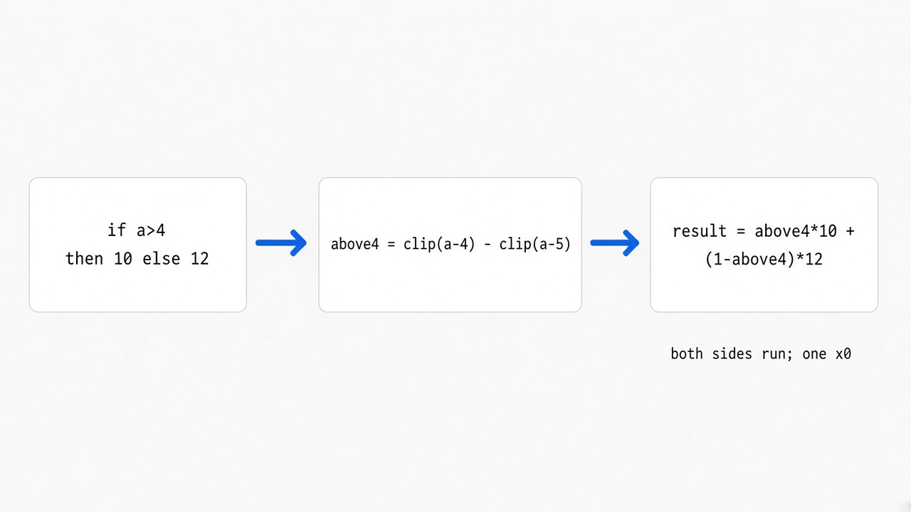 How an if becomes Handwired clip arithmetic: both answers run, above4 picks 10 or 12 by multiplying the other by zero