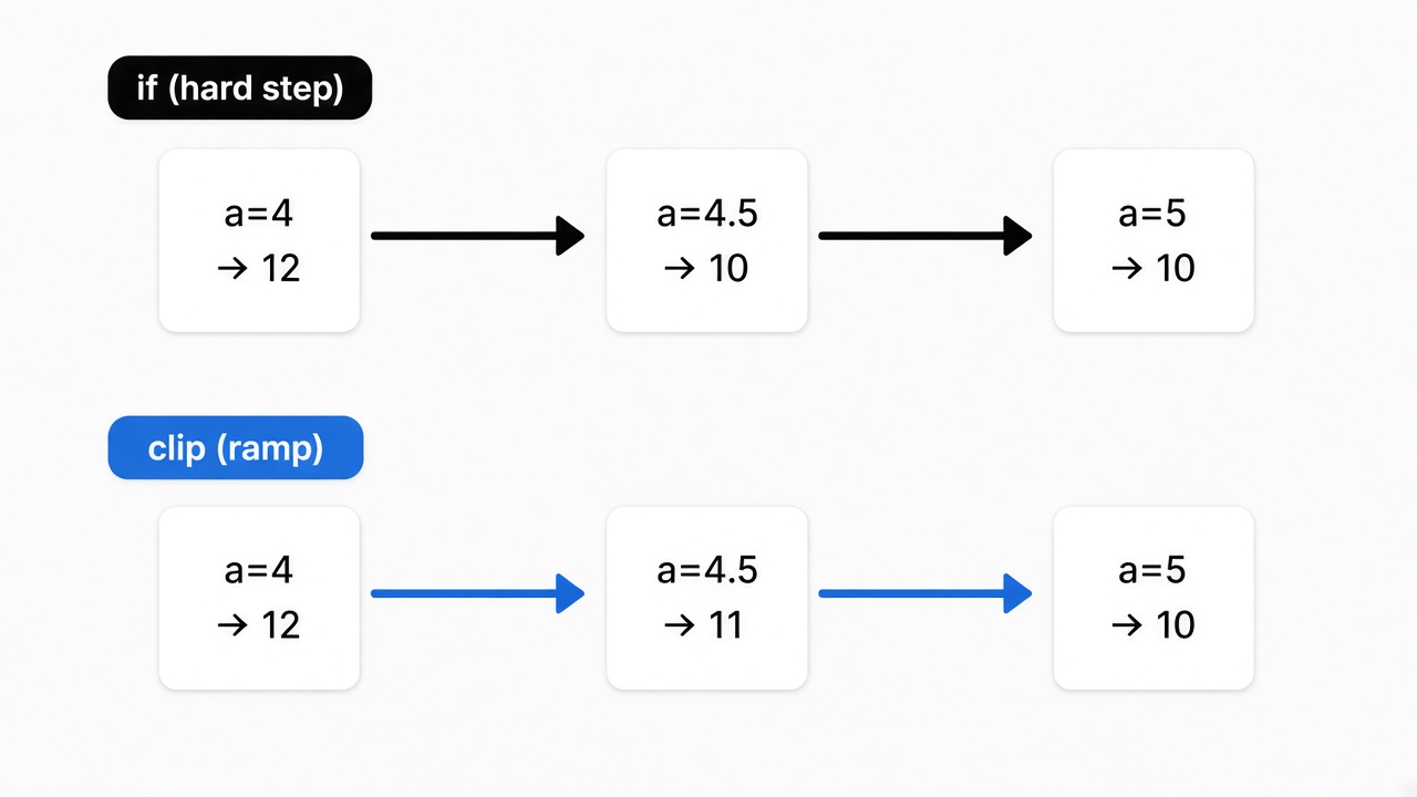 Whole numbers match the if; between 4 and 5 the clip is a ramp so 4.5 blends to 11 instead of jumping to 10
