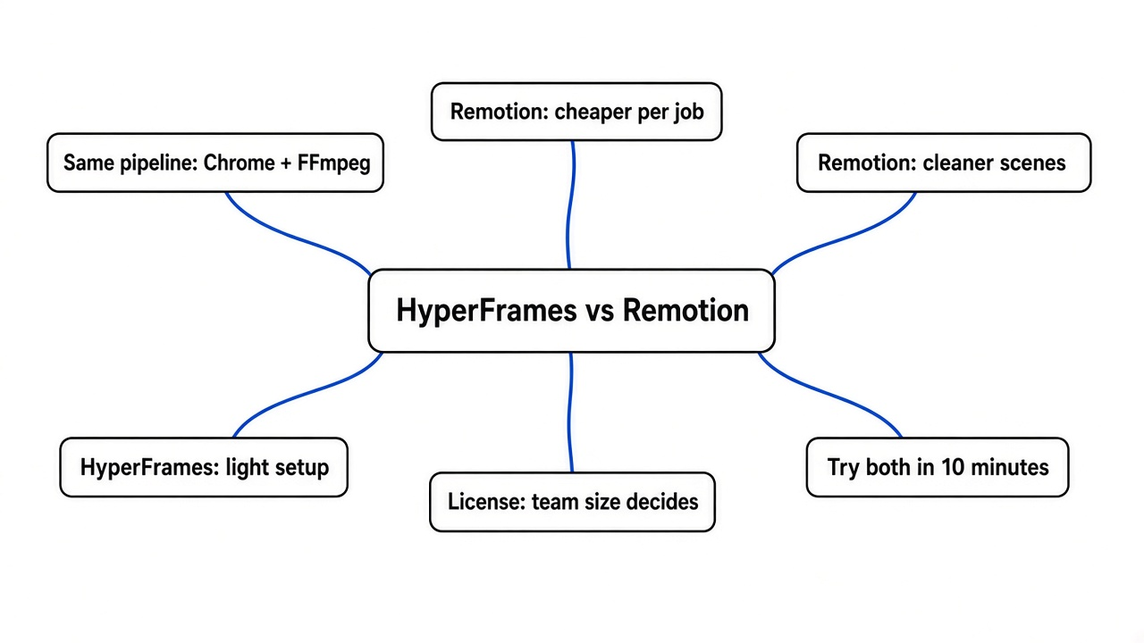 Simple mind map of HyperFrames vs Remotion: same Chrome and FFmpeg pipeline, Remotion cheaper with cleaner scenes, HyperFrames lighter setup, license by team size