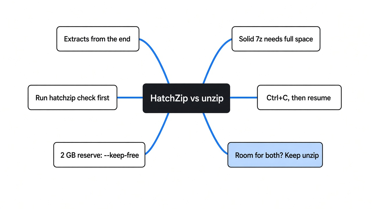 Mind map of HatchZip vs unzip: extract from the end, hatchzip check first, 2 GB keep-free reserve, solid 7z limit, resume after Ctrl+C, when to keep unzip