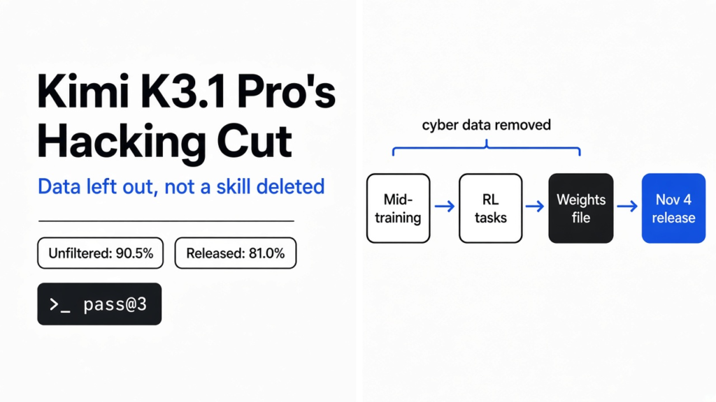Kimi K3.1 Pro hacking cut: cyber data removed from mid-training and RL, exploit exam score 90.5% down to 81.0%, weights due by 4 November 2026