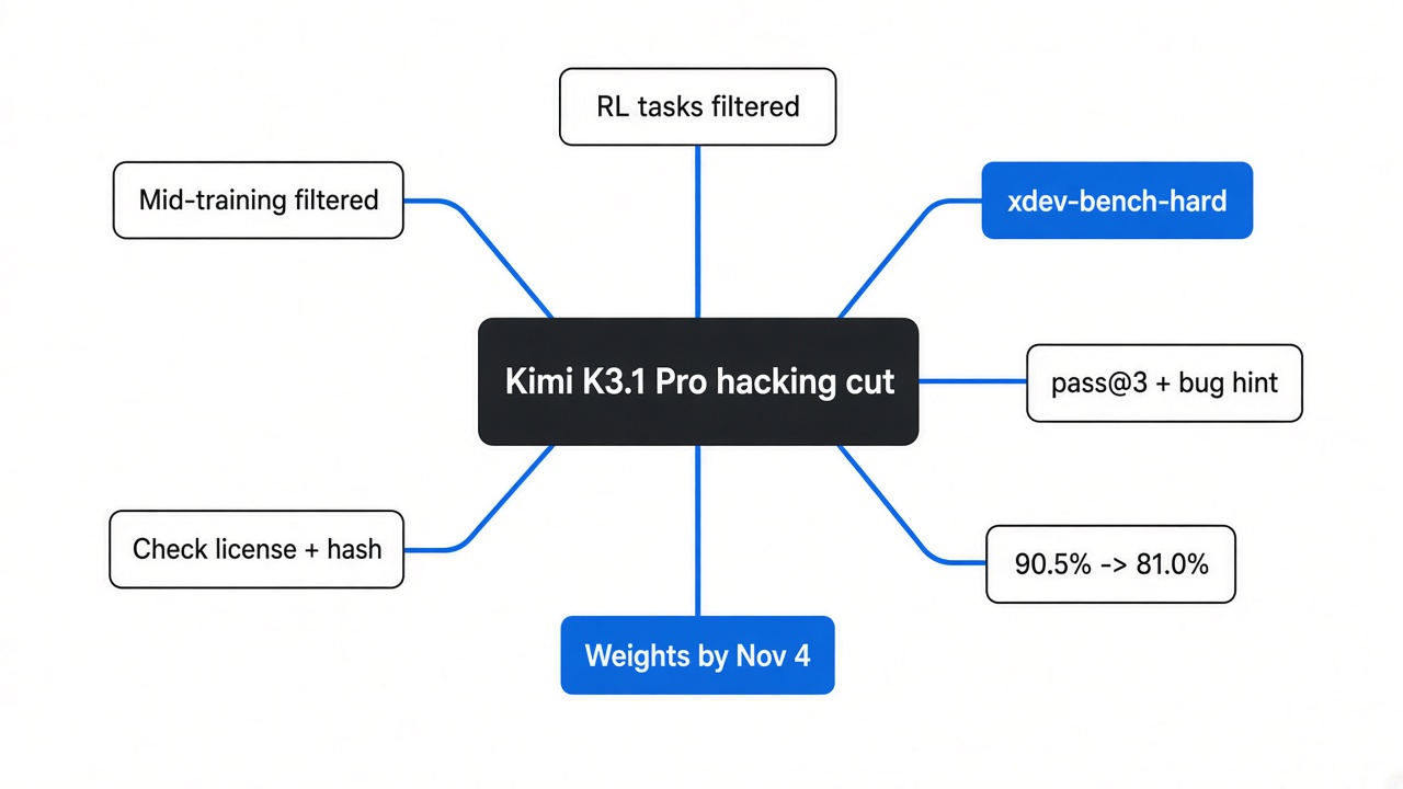 Mind map of the Kimi K3.1 Pro hacking cut: two filtered training stages, xdev-bench-hard, pass@3 with a hint, 90.5 to 81.0, open weights, what to check