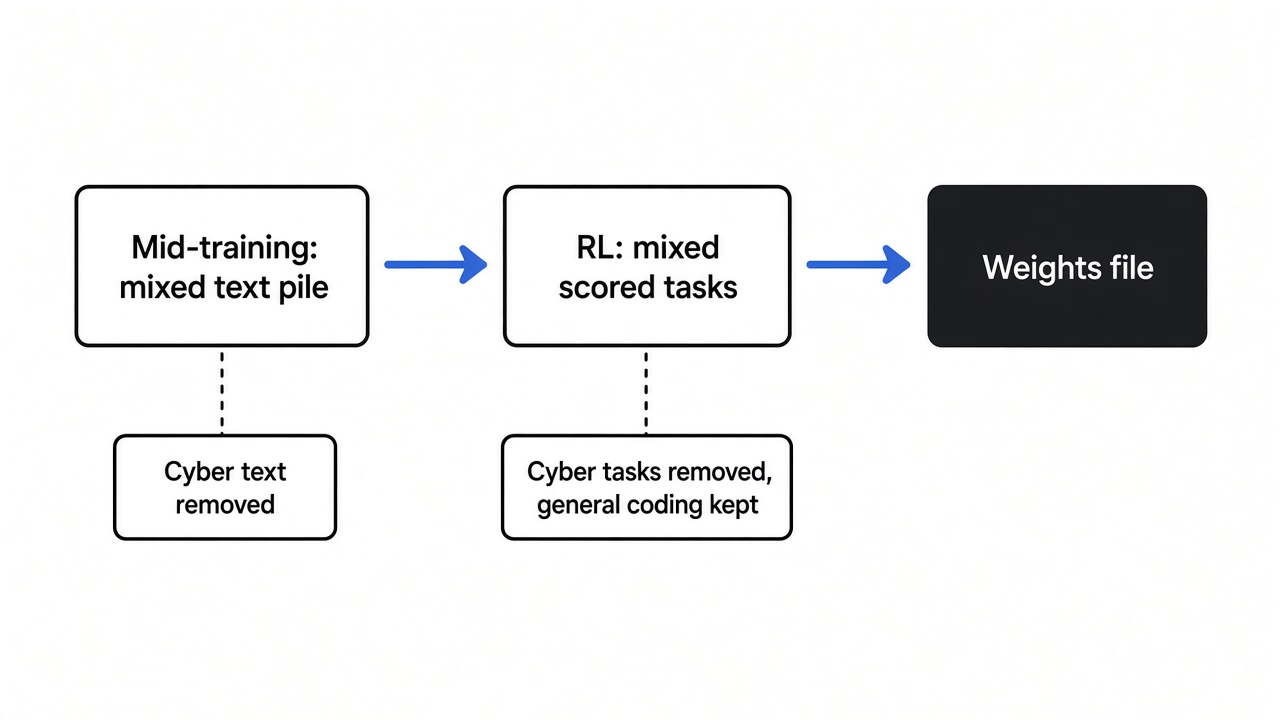 Kimi K3.1 Pro training pipeline: cyber text removed from mid-training and cyber tasks removed from RL, general coding kept, before the weights file