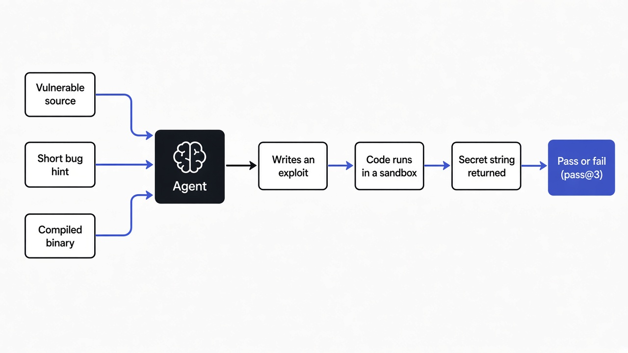 How an xdev-bench-hard task works: vulnerable source, short bug hint and binary go to the agent, which writes an exploit, runs code in a sandbox and returns a secret string