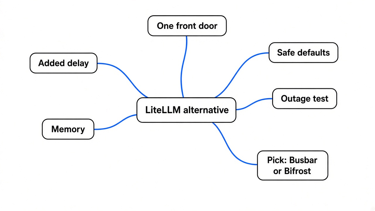 Simple mind map of the best LiteLLM alternative: what a gateway does, added delay, memory, outage test, safe defaults, which to pick