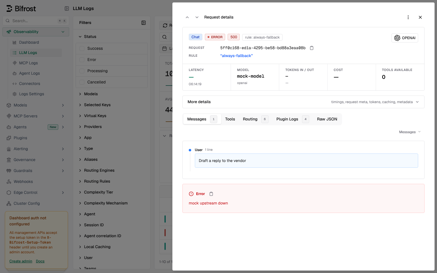 Bifrost request detail showing the saved prompt and the upstream error