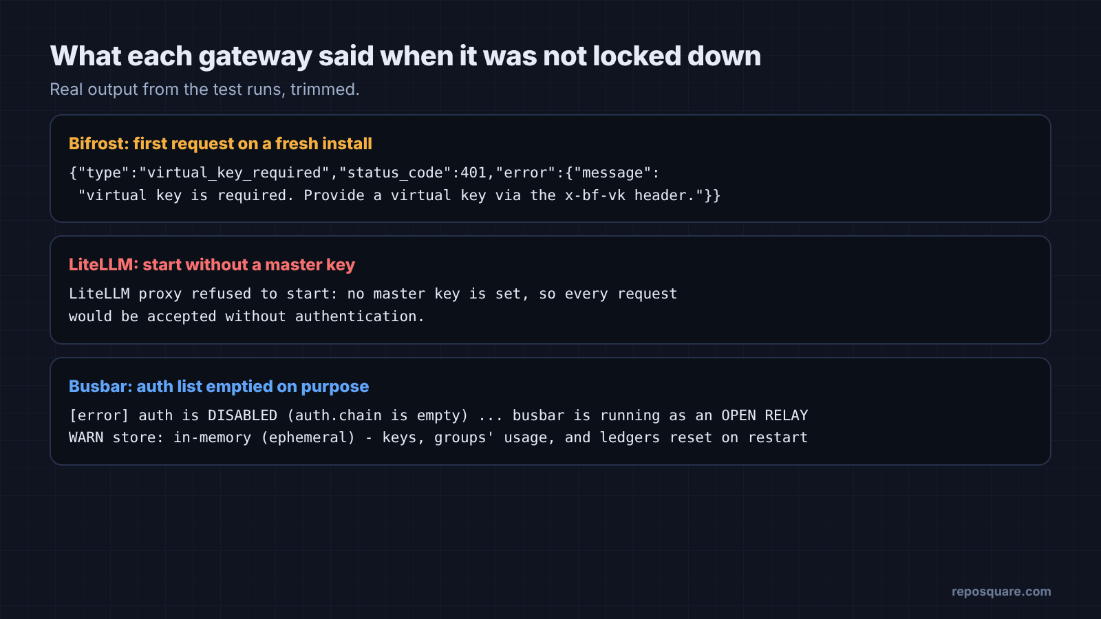 Startup messages from Bifrost, LiteLLM and Busbar when not locked down
