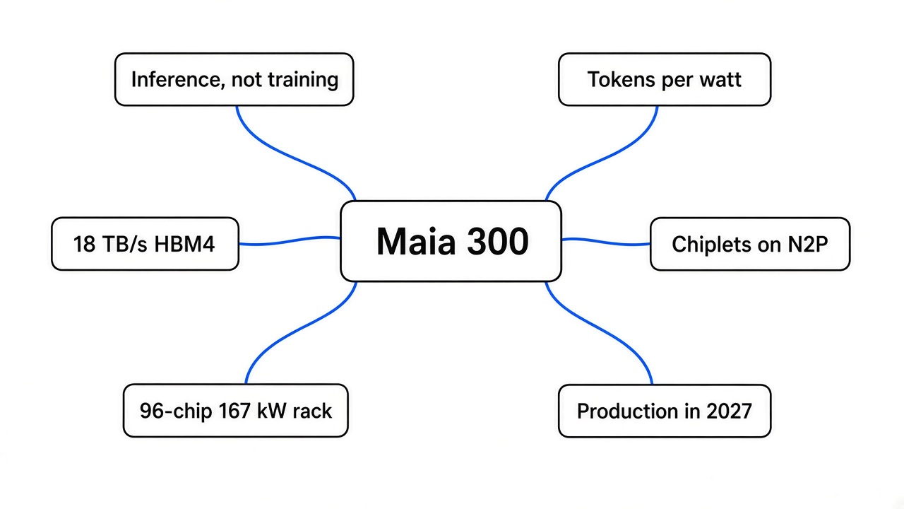 Simple mind map of Maia 300: inference not training, tokens per watt, 18 TB/s HBM4, chiplets on N2P, 96-chip 167 kW rack, production in 2027
