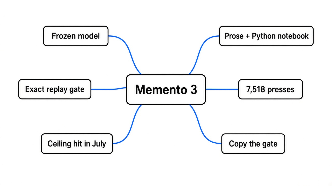 Simple mind map of Memento 3 on ARC-AGI-3: frozen model, prose plus Python notebook, exact replay gate, 7,518 presses, ceiling hit in July, copy the gate