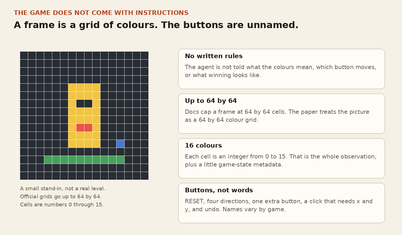 An ARC-AGI-3 frame is a grid of up to 64 by 64 cells in 16 colours, with no written rules and unnamed buttons