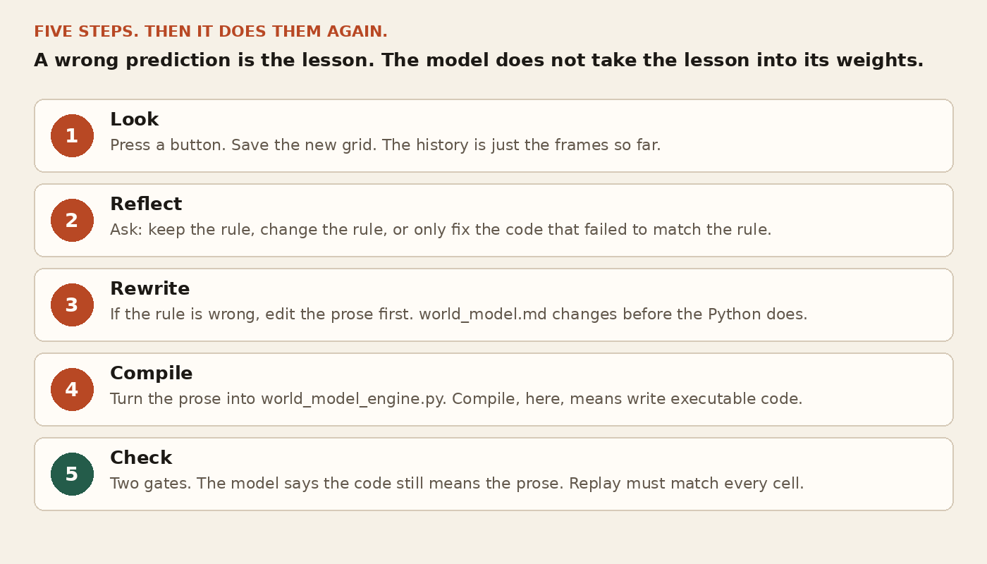 Memento 3 five-step loop: look, reflect, rewrite the prose rule, compile it to Python, then check that replay matches every cell