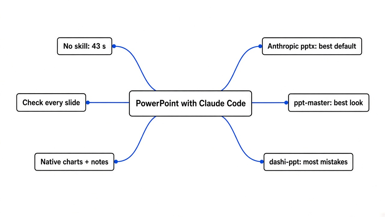 Simple mind map of making a PowerPoint with Claude Code: no skill, Anthropic pptx, ppt-master, dashi-ppt, native charts, check every slide