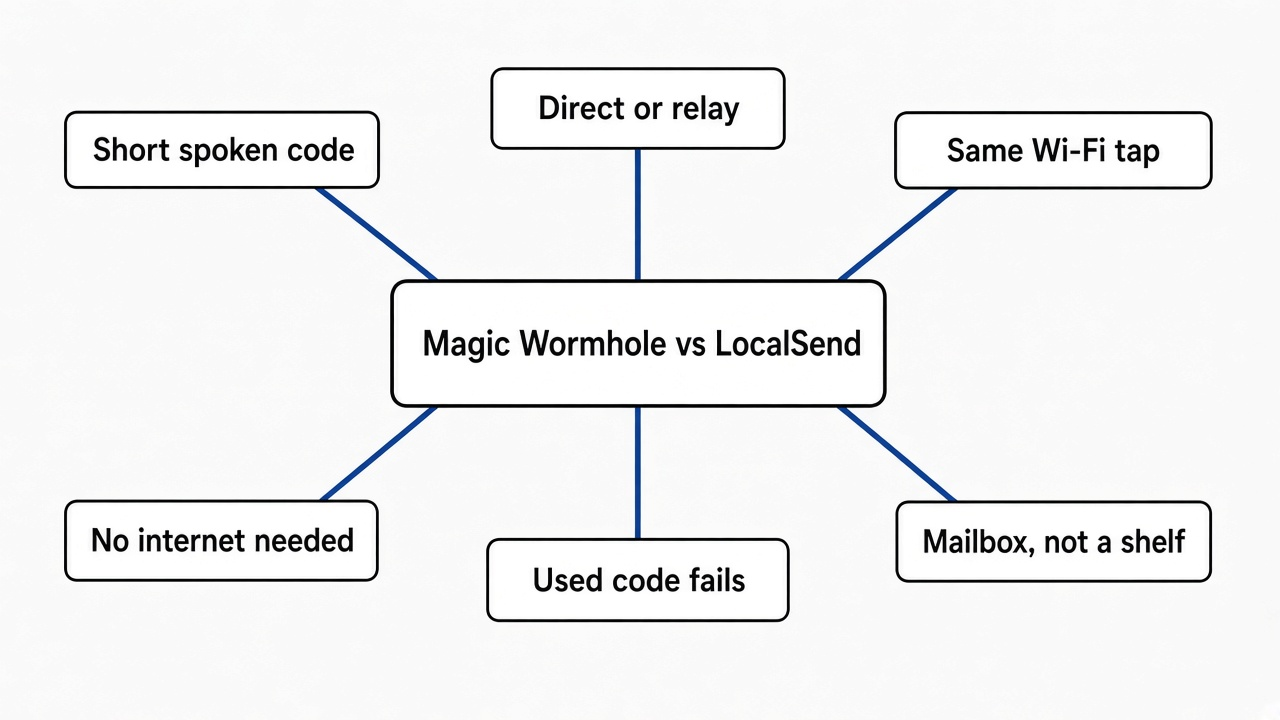 Mind map of Magic Wormhole vs LocalSend: short code, mailbox meeting, direct or relay, same Wi-Fi tap, no internet needed, used code fails