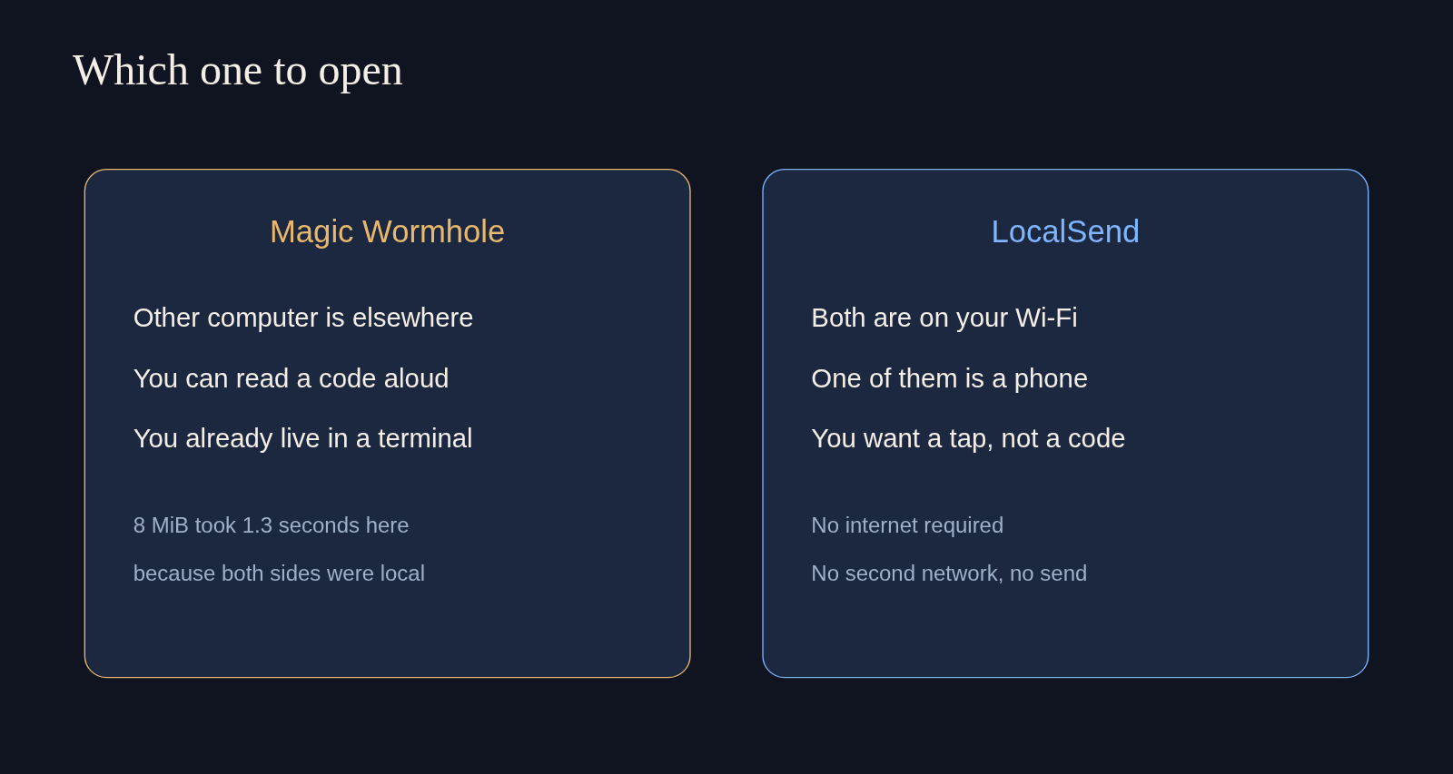 Which one to open: Magic Wormhole when the other computer is elsewhere, LocalSend when both share your Wi-Fi
