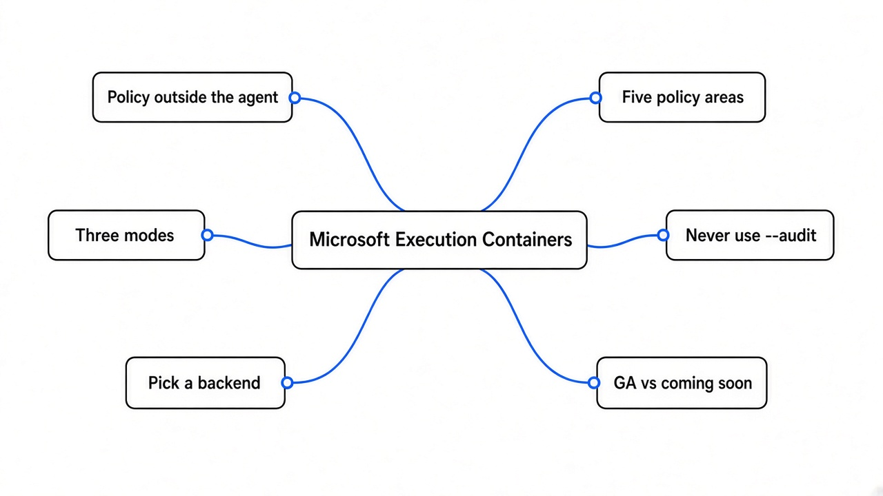Simple mind map of Microsoft Execution Containers: policy outside the agent, five policy areas, three modes, never use --audit, pick a backend, GA versus coming soon
