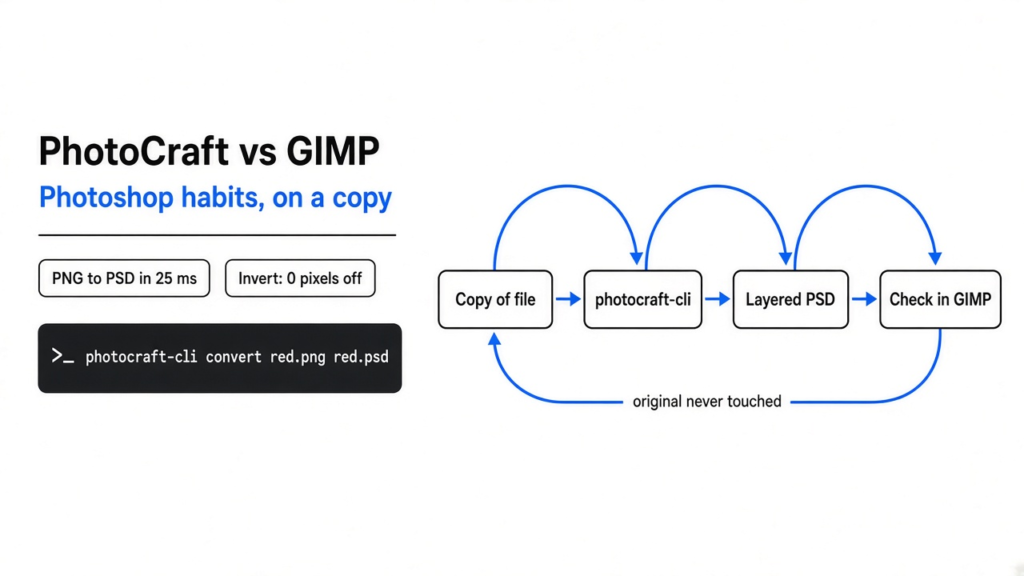 PhotoCraft vs GIMP: GIMP for the file you cannot lose, PhotoCraft with Photoshop habits and photocraft-cli for PSD convert, invert and blur on a copy