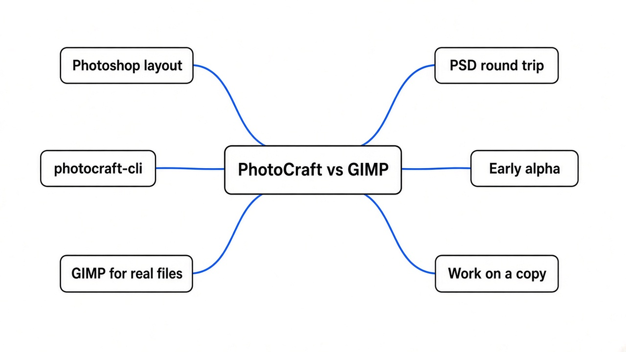 Simple mind map of PhotoCraft vs GIMP: Photoshop-style layout, PSD round trip, photocraft-cli, early alpha, GIMP for real files, work on a copy